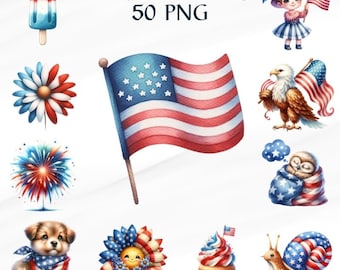 50 PNG Watercolor 4th Of July Independence USA Clipart,  watercolor clipart,America Day,  for a card, Commercial Use Use