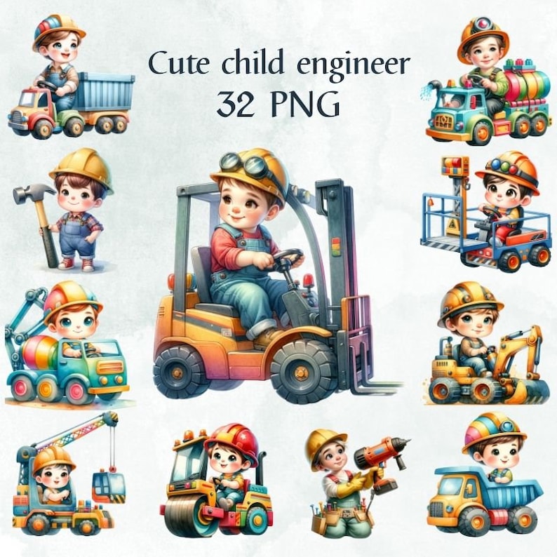 Pu&ograve; includere: Un set di 32 illustrazioni digitali che mostrano bambini carini vestiti da ingegneri che guidano vari veicoli da costruzione. Le illustrazioni includono un carrello elevatore, una betoniera, un bulldozer, una gru, un rullo compressore e un camion ribaltabile. I bambini indossano caschi e giubbotti di sicurezza. Le illustrazioni sono in stile cartone animato e sono perfette per l'uso in libri per bambini, materiali educativi o per creare artigianato divertente e coinvolgente.