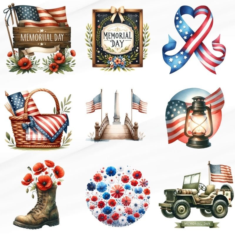 50 PNG Watercolor Memorial Day Clipart , Memorial Day, USA America Day ...