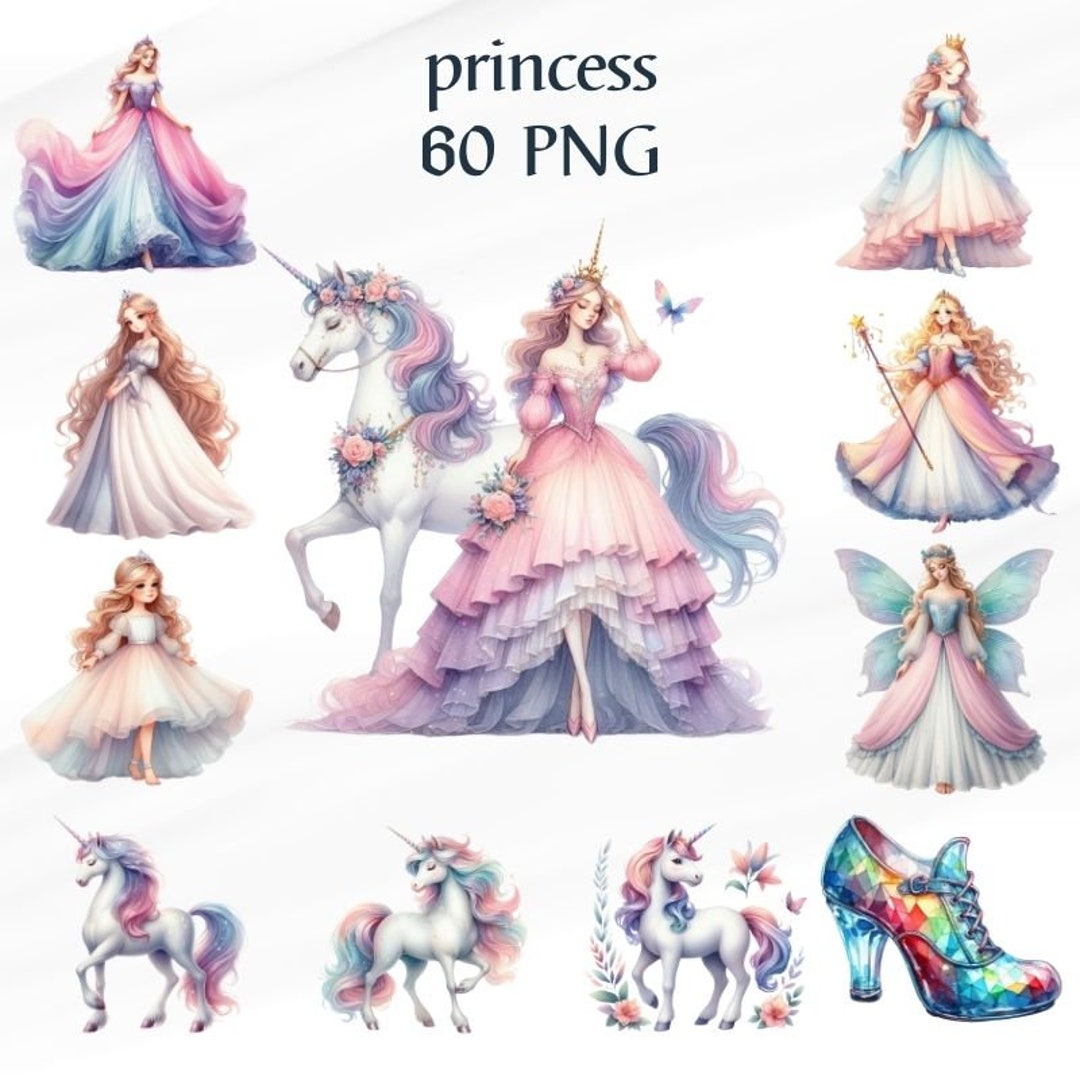 60 PNG Watercolor Princess Clipart PNG, Clipart Bundle, Cute Unicorn ...