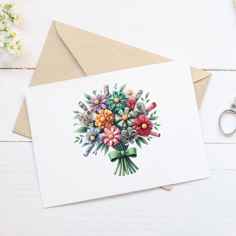 K&ouml;nnte beinhalten: Ein Blumenstrau&szlig; aus aufgerollten Dollar-Scheinen. Die Blumen sind in den Farben Gr&uuml;n, Rosa, Rot, Orange und Lila. Der Strau&szlig; ist mit einem gr&uuml;nen Band gebunden.