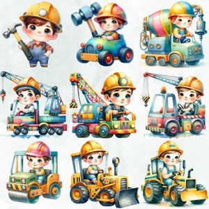 Pu&ograve; includere: Un'illustrazione digitale di dieci bambini dei cartoni animati che indossano caschi da cantiere e guidano vari veicoli da costruzione. I veicoli includono una betoniera, una gru, un bulldozer, una pala meccanica e un camion ribaltabile. I bambini sorridono tutti e sembrano divertirsi.