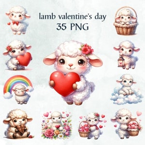 May include: A set of 35 Valentine's Day themed digital clipart images featuring cute cartoon lambs in various poses. The lambs are holding hearts, flowers, and other Valentine's Day symbols. The images are perfect for creating cards, invitations, and other crafts.