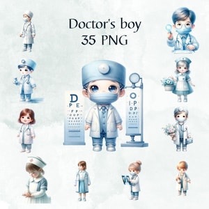 35 PNG Aquarell medizinische Clipart Kinder, Clipart Bundle, Geschenk für Kinder, niedlichen Doktor PNG Clipart, Jungen Doktor, kommerzielle Nutzung