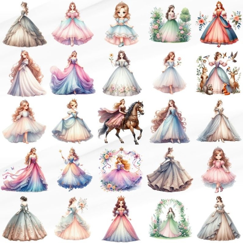 60 PNG Watercolor Princess Clipart PNG, Clipart Bundle, Cute Unicorn ...
