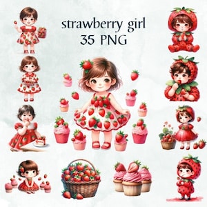 35 PNG Erdbeer Mädchen Clipart PNG Sublimation, Aquarell Clipart, Erdbeere für Karte, kommerzielle Nutzung