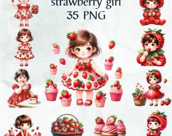 35 PNG strawberry girl clipart  PNG sublimation,  watercolor clipart, strawberry  for card, Commercial Use Use