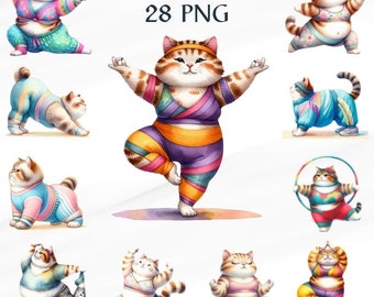 28 PNG  Watercolor chubby cat  yoga, Cat Clipart,yoga, Invitation Design, Gifts for Girls, Commercial Use