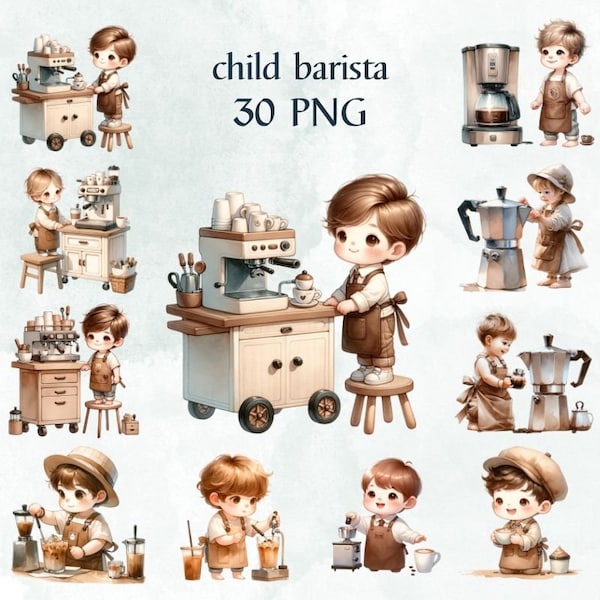 30 PNG  child barista clipart , Coffee Lover PNG,  watercolor clipart, cute baby boy , Commercial Use Use