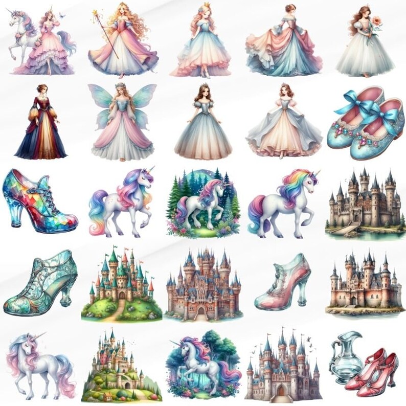 60 PNG Watercolor Princess Clipart PNG, Clipart Bundle, Cute Unicorn ...