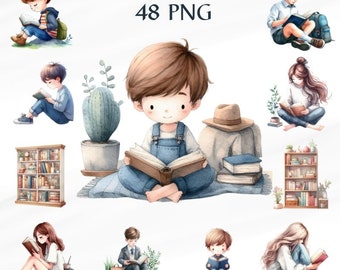 48 PNG Watercolor read a book, Cute kids,  cute children Clipart,  book lover, Commercial Use