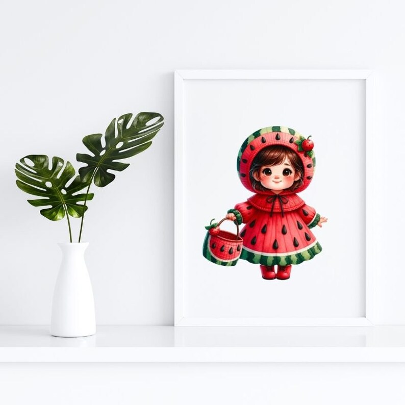 May include: A digital illustration of a girl wearing a watermelon costume. She is holding a small watermelon basket in her hand. The background is white.