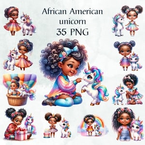30 PNG 水彩アフリカ系アメリカ人の女の子ユニコーン、クリップアートバンドル、かわいいユニコーン保育園の装飾プリンセステーマかわいい黒人の女の子、商用利用