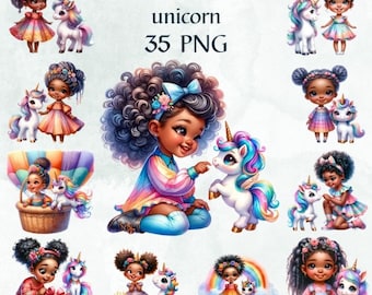 30 PNG Unicorno ragazza afroamericana dell'acquerello, pacchetto Clipart, simpatico unicorno arredamento per la scuola materna tema principessa ragazze nere carine, uso commerciale