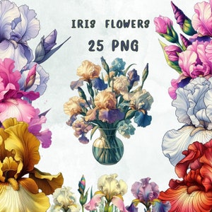 25 PNG iris fleurs Clipart, Clipart Bundle, clipart fleurs, fleurs printemps été, fleurs papier numérique, usage Commercial