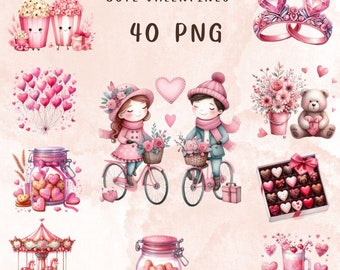 40 PNG Acquerello San Valentino Clipart, Clipart Bundle, amore romantico, clipart amore, uso commerciale