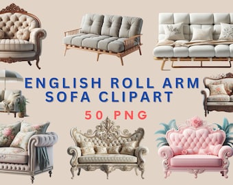 50 PNG SOFA Clipart, englisches Rollsofa, Clipart Bundle, Innendesign
