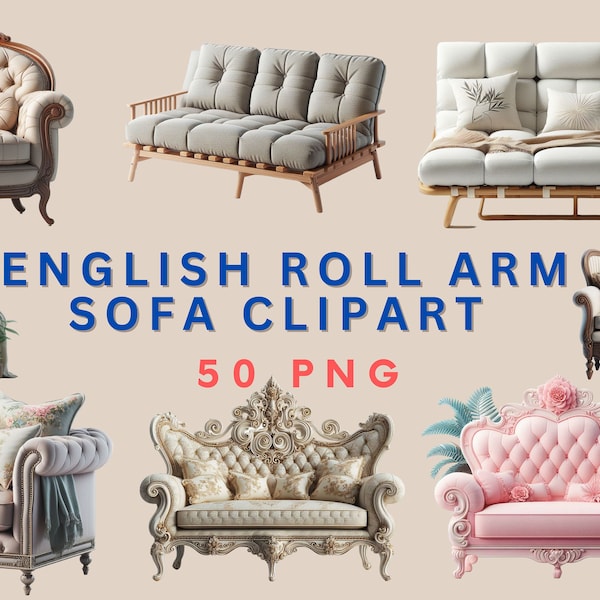 50 PNG SOFA Clipart, English roll arm sofa, Clipart Bundle, interior design