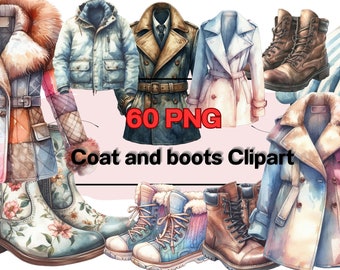 60 PNG watercolor Coat and boots Clipart, Boots Clipart Bundle -Transparent Background Digital Download PNG Graphics - Commercial Use