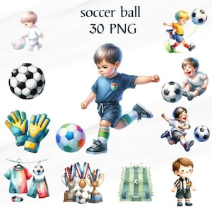 30 PNG  Football Watercolor Clipart Bundle, Clipart Bundle, Sports Players,  Nursery Decor ,Soccer, Commercial Use