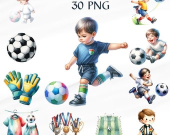 30 PNG  Football Watercolor Clipart Bundle, Clipart Bundle, Sports Players,  Nursery Decor ,Soccer, Commercial Use