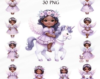 30 PNG Clipart de hadas de acuarela, ángel afroamericano, linda decoración de guardería de hadas, tema de princesa, lindas chicas negras, uso comercial