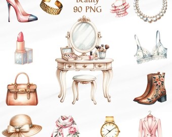 90 PNG aquarel vrouwelijke mode schoonheid clipart, dagelijkse routine clipart PNG, commercieel gebruik