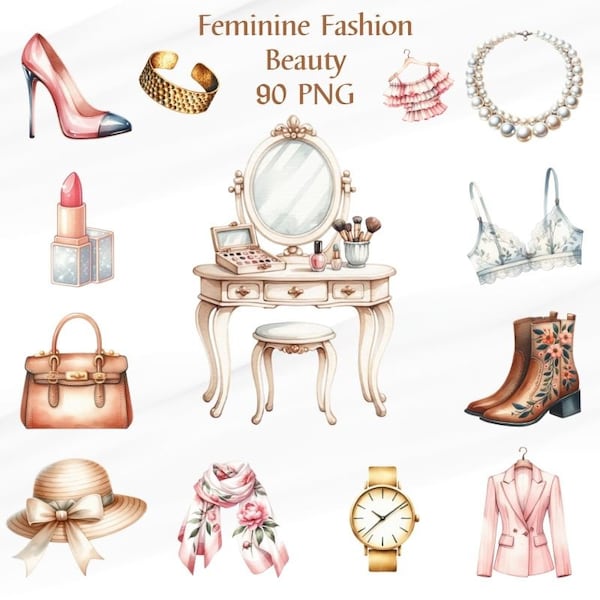 90  PNG Watercolor Feminine Fashion Beauty Clipart, daily routine clipart PNG, Commercial Use