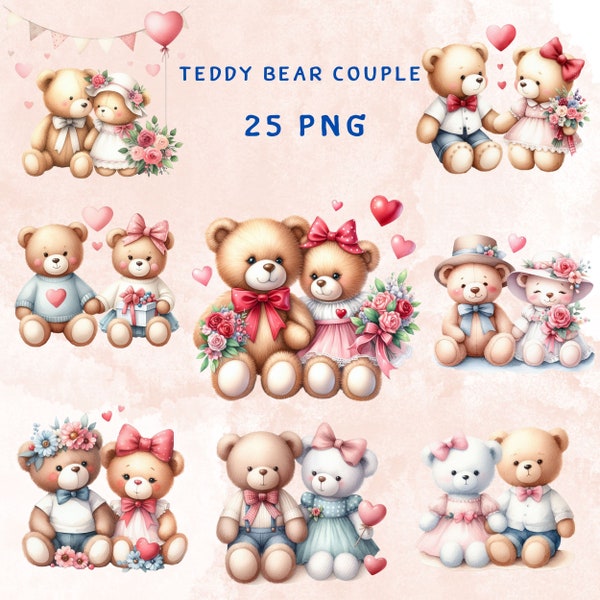 25 PNG Watercolor Teddy Bear Couple minimalist Clipart, valentines day, Nursery Clipart, Valentine Animal Couple, Commercial Use