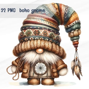 32 PNG Aquarela Boho Gnome, download de design de sublimação, Gnomos adoráveis, presentes para meninas, crianças para cartão, uso comercial