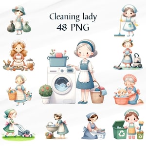 May include: A set of 48 digital illustrations of cleaning ladies in various poses and activities, including vacuuming, mopping, washing clothes, and gardening. The illustrations are in a cartoon style and feature bright colors.