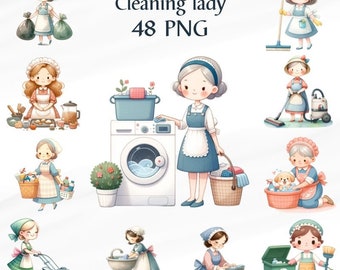 48 PNG Cleaning Lady clipart,Cleaning Mother Clipart, Housekeeping Clipart Bundle,Home Cleaning ,Cute Housekeeping Clipart ,Commercial Use