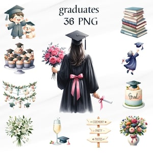 36 PNG Watercolor Graduation Collection Clipart, Floral Clipart,Graduation Caps, Gifts for Girls, Kids for card Commercial Use