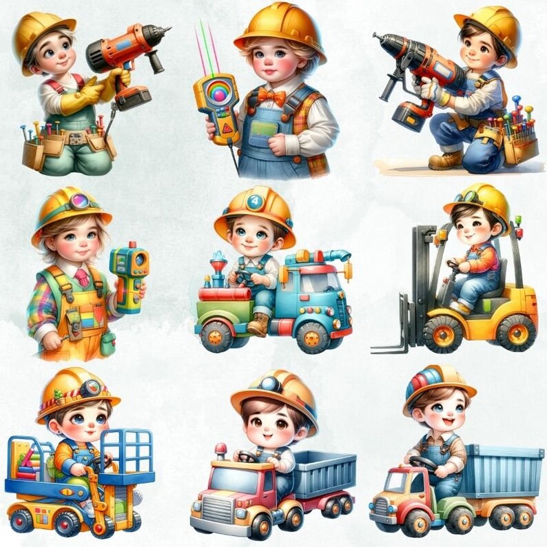 Pu&ograve; includere: Un set di dieci illustrazioni di bambini vestiti da operai edili. Ogni bambino tiene uno strumento o opera un macchinario da costruzione. Gli strumenti e i macchinari includono un trapano, un martello demolitore, un carrello elevatore, un camion ribaltabile e una escavatrice. Le illustrazioni sono colorate e fantasiose.