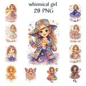 May include: A collection of whimsical girl illustrations. The central image features a girl with a patchwork hat and jacket. Surrounding images showcase girls in various colorful dresses and themes, including fairies and holding lanterns.