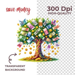 K&ouml;nnte beinhalten: Eine Cartoon-Illustration eines Geldbaums mit gr&uuml;nen Bl&auml;ttern, Goldm&uuml;nzen und verschiedenen Geldscheinen, darunter US-Dollar und Euro. Der Baum w&auml;chst aus einem Haufen Goldm&uuml;nzen. Der Text "save money" ist oben im Bild in Rot geschrieben.