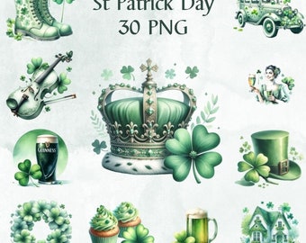30 PNG acquerello San Patrizio Clipart, PNG carino San Patrizio, Clipart Shamrock, Uso commerciale