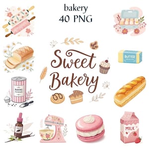 May include: A collection of watercolor illustrations with a bakery theme. Includes a rolling pin, bread, baking powder, a mixer, a macaron, and the text "Sweet Bakery". The color palette features pink, yellow, and brown.