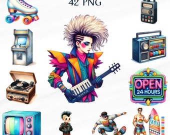42 PNG Retro 80's Digital Clipart, Retro  Digital Clipart, Notability Designs Art,Bundle,Commercial Use