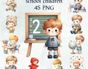 45 PNG Watercolor school Clipart, Cute school kids,  cute school children Clipart,  Cute boy Back to School, Commercial Use