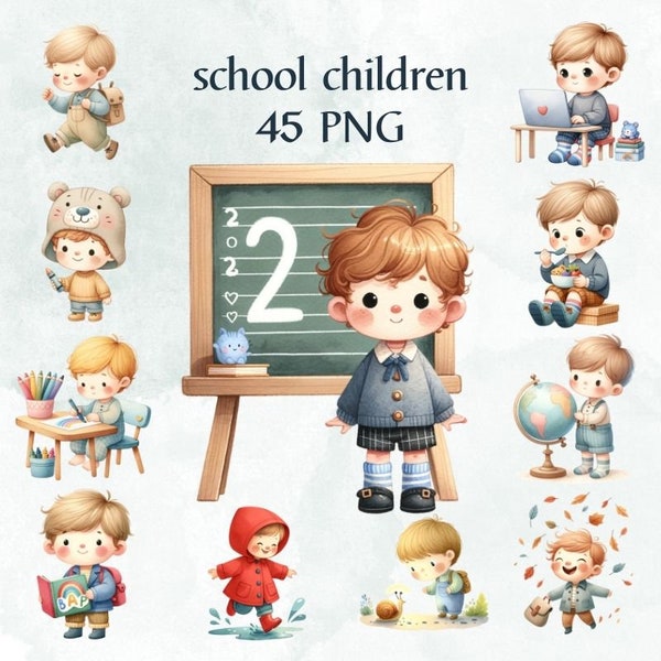 45 PNG Watercolor school Clipart, Cute school kids,  cute school children Clipart,  Cute boy Back to School, Commercial Use