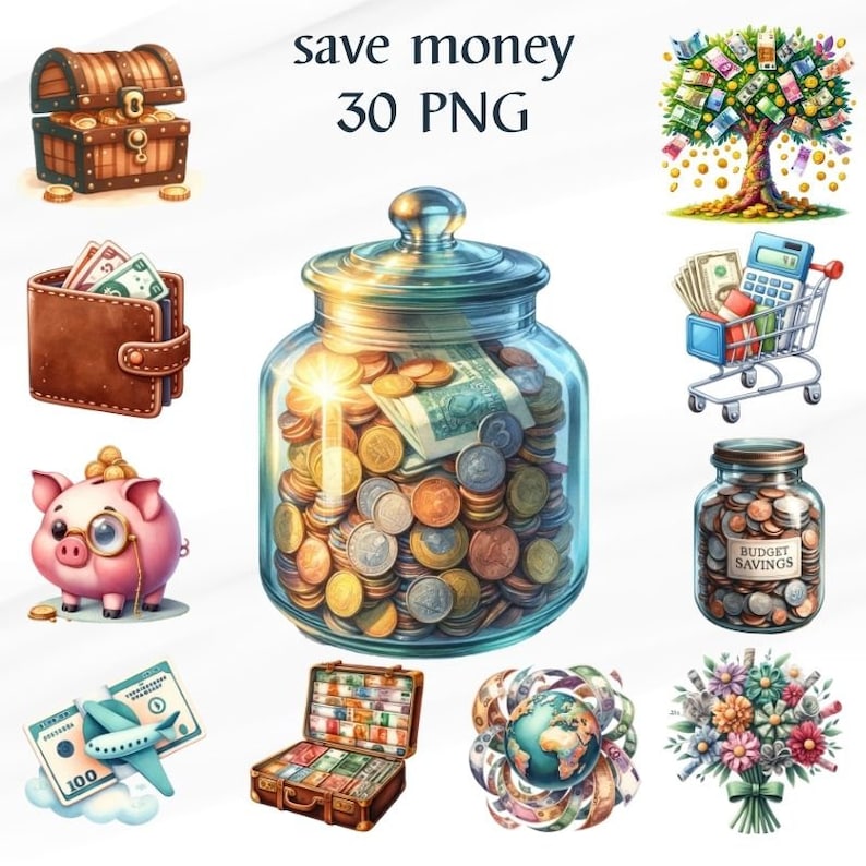 K&ouml;nnte beinhalten: Eine Sammlung von 30 digitalen Illustrationen, die verschiedene M&ouml;glichkeiten zum Sparen von Geld zeigen, darunter ein Sparschwein, ein mit M&uuml;nzen gef&uuml;lltes Glas, ein Geldbaum und ein Koffer voller Bargeld. Die Illustrationen sind im Cartoon-Stil gehalten und eignen sich perfekt f&uuml;r den Einsatz in digitalen Produkten wie Websites, sozialen Medien und E-Books.