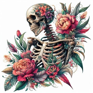 Schädel PNG Designs, Schädel aus Blumen gemacht, Blumenschädel PNG Sublimation, Shirt Design Download, transparenter Hintergrund