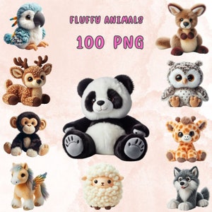 100 PNG de animales peludos de acuarela, paquete de imágenes prediseñadas, regalo para niños, animales de juguete, animales bebés, uso comercial