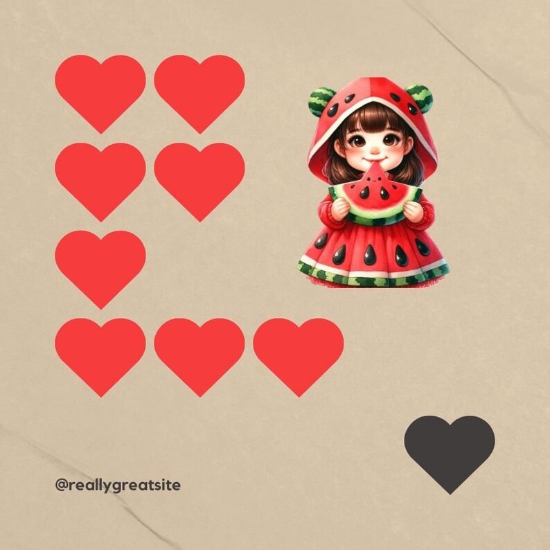 May include: A red heart pattern with a black heart at the bottom. A cartoon girl wearing a watermelon costume is holding a slice of watermelon.