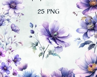 25 PNG Watercolor purple  flowers Clipart, Clipart Bundle, flowers Clipart, Flower design, Flowers Digital Paper, Commercial Use