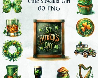 60 PNG Watercolor St. Patrick's Day Clipart, Cute Saint Patrick's Day PNG, Shamrock Clipart, Commercial Use