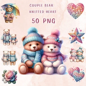 50 PNG Paar Bär mit gestricktem Herz Clipart, Valentinstag, Clipart, kommerzielle Nutzung