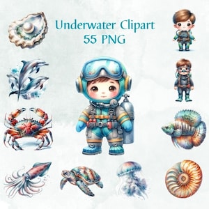 55 PNG Aquarell Unterwasser Clipart, Geschenke für Mädchen, Kinder für Karte, süße Ozeantiere, Kinderzimmer Dekor, kommerzielle Nutzung