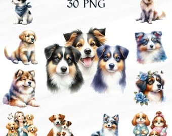 30 PNG-hund-PNG-clipartpaket för sublimering och hantverk | Digital konstuppsättning med söta hundar | 30 högkvalitativa hundillustrationer för gör-det-själv-projekt